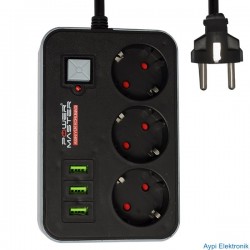 POWERMASTER PM-17564 3 USB ÇIKIŞLI 3LÜ 1.8 METRE KABLOLU AKIM KORUMALI PRİZ 10A-2500 WATT - 17564