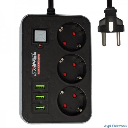 POWERMASTER PM-17564 3 USB ÇIKIŞLI 3LÜ 1.8 METRE KABLOLU AKIM KORUMALI PRİZ 10A-2500 WATT - 17564