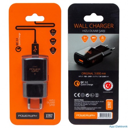 POWERWAY X-197 JETBLACK 5 VOLT 3000 MA USB HIZLI ŞARJ KAFA BAŞLIK ADAPTÖRÜ - 19700