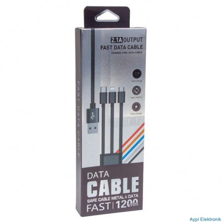 POWERMASTER MICRO USB/TYPE-C/LIGHTNING 2.1A METAL 1.2 METRE ŞARJ VE DATA KABLOSU - 2368