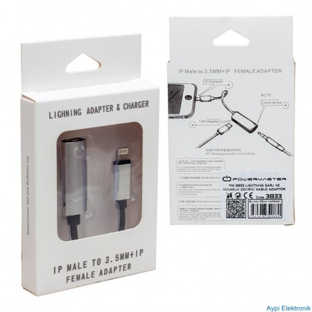 POWERMASTER PM-3833 LIGHTNING ŞARJ VE 3.5 MM KULAKLIK ÇEVİRİCİ KABLO ADAPTÖR - 3833
