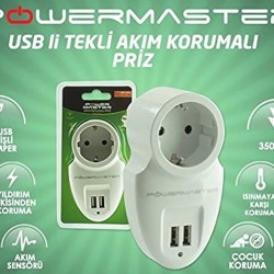 POWERMASTER 16 AMPER - 3500 WATT 79X155 MM ÇİFT USB'Lİ TEKLİ AKIM KORUMALI PRİZ