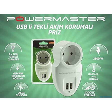 POWERMASTER 16 AMPER - 3500 WATT 79X155 MM ÇİFT USB'Lİ TEKLİ AKIM KORUMALI PRİZ
