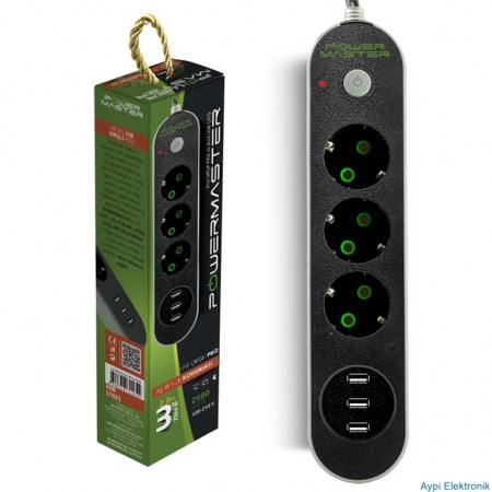 POWERMASTER PM-17021 3 USB ÇIKIŞLI 3LÜ 2 METRE KABLOLU AKIM KORUMALI PRİZ 10A-2500 WATT - 17021