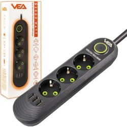 VEA VA-21557 3'LÜ 1.5 METRE KABLOLU 3 USB'Lİ SİYAH AKIM KORUMALI PRİZ M:
