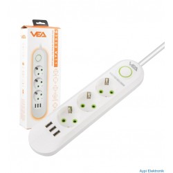 VEA VA-21558 3'LÜ 1.5 METRE KABLOLU 3 USB'Lİ BEYAZ AKIM KORUMALI PRİZ