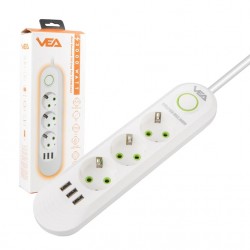VEA VA-21558 3'LÜ 1.5 METRE KABLOLU 3 USB'Lİ BEYAZ AKIM KORUMALI PRİZ