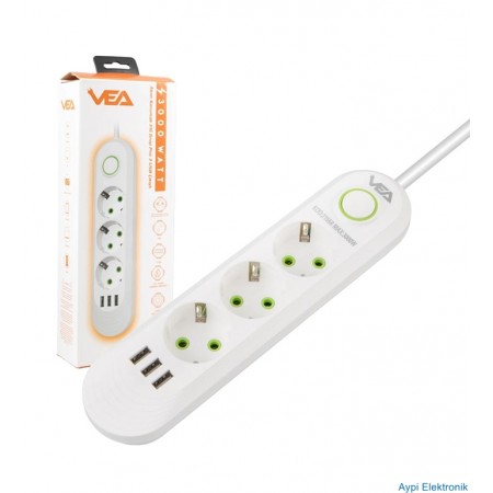 VEA VA-21558 3'LÜ 1.5 METRE KABLOLU 3 USB'Lİ BEYAZ AKIM KORUMALI PRİZ