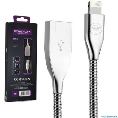 POWERWAY CX-02 IPHONE 5*6*7*8*X METAL ŞARJ VE DATA KABLOSU 2000 MA - 16380