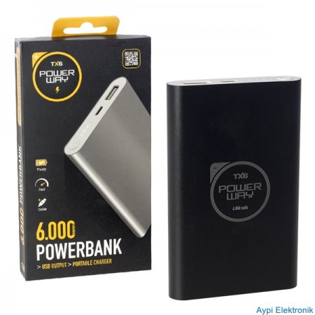 POWERWAY TX-6 6000 MAH SİYAH SLİM METAL KASA POWERBANK - 19383