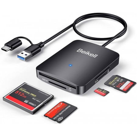 Beikell 4'ü 1 Arada Çift Konnektör USB C ve USB 3.0 Kart Okuyucu, 4 Kart Aynı Anda SD/SDHC/SDXC/Micro SD/Micro SDXC/MS Duo için